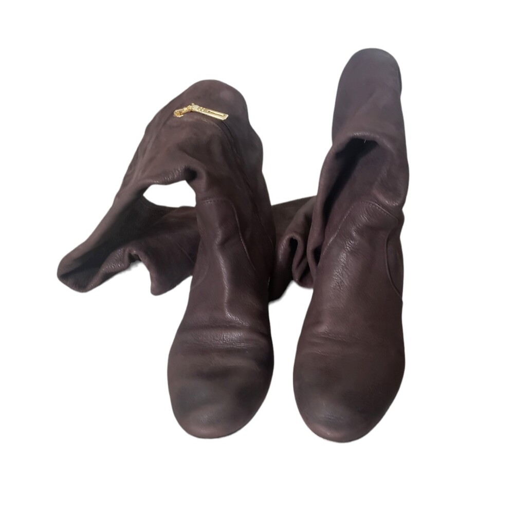 Pradaβ Knee High Flat Boots Brown Leather Gold Zipper Women's Size 37.5